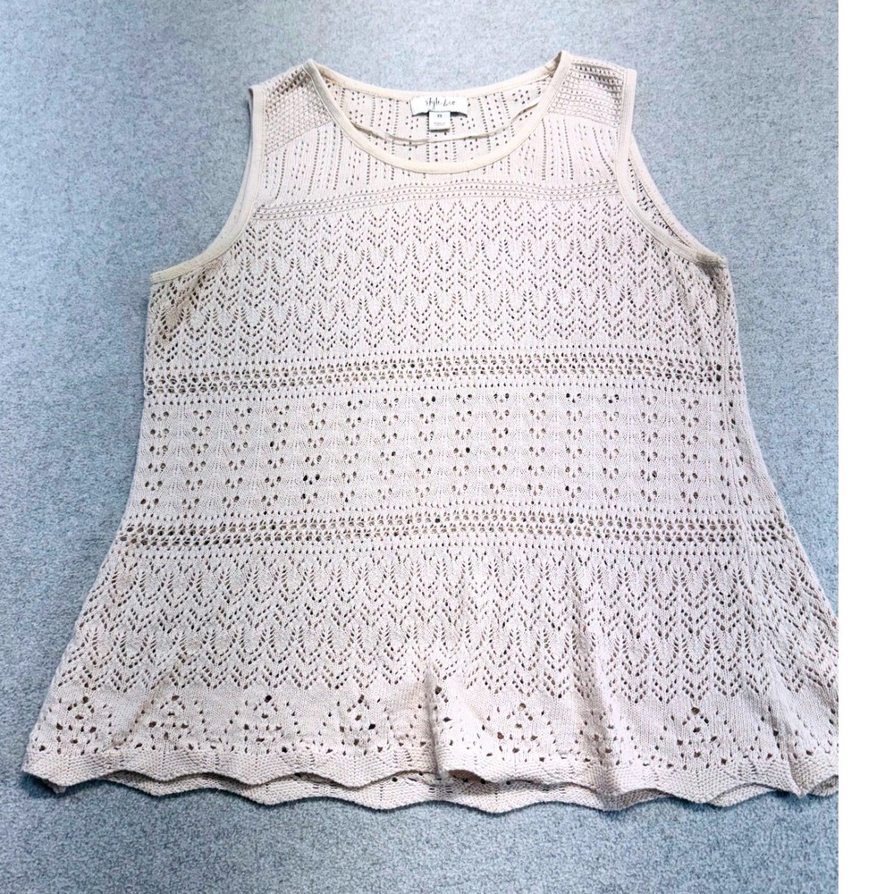 Style & Co Cream Open Knit Crochet Sweater Tank Top Women XS Boho Summer Cottage